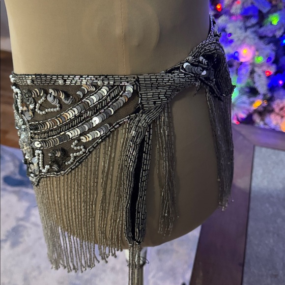 Silver Beaded Fringe Hip Scarf Dance Belt | Sequined Costume Skirt Overlay | - Picture 2 of 9